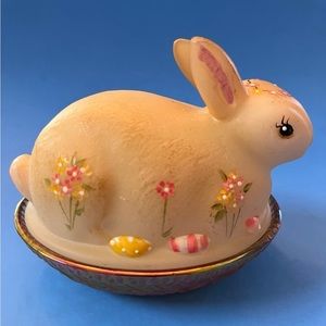 Fenton Art Glass Hand Painted Bunny On Nest 2 pieces Candy/ jewelry Dish.
